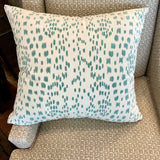 Pillow covered in Brunschwig and Fils" Les Tuches Aqua Fabric" 20" W X 22" L