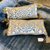 Pair of Champagne and Blue Silk Demask Lumbar Pillows 20" L X 10" W