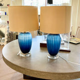 Pair Of Blue Glass Lamps 24"T to Finial x 6.5"Diam Fixture