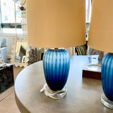 Pair Of Blue Glass Lamps 24"T to Finial x 6.5"Diam Fixture