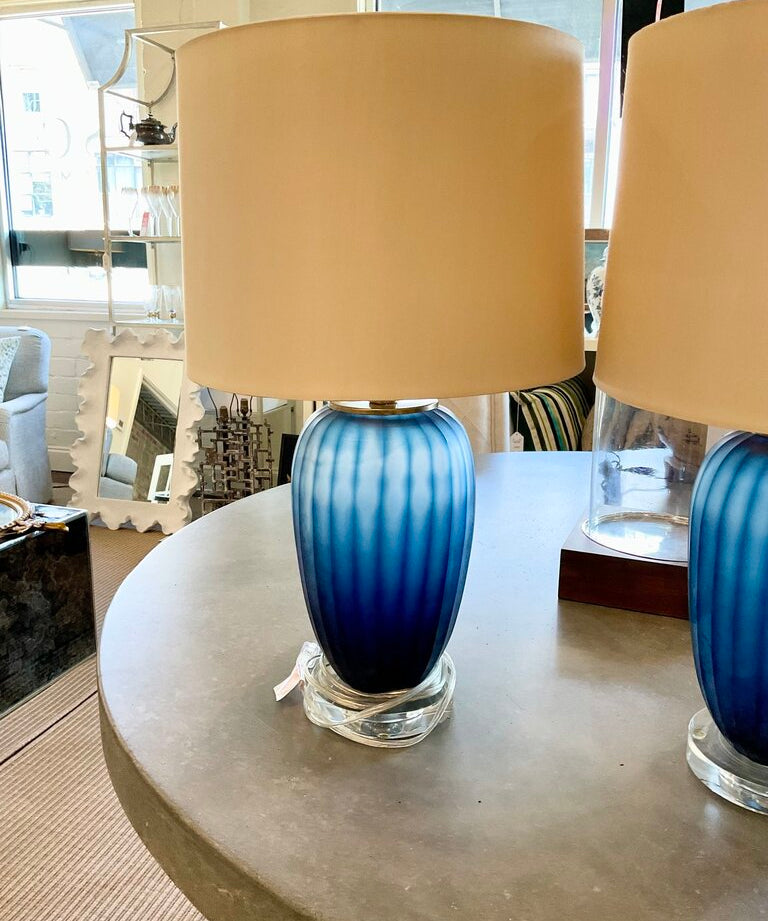 Pair Of Blue Glass Lamps 24"T to Finial x 6.5"Diam Fixture