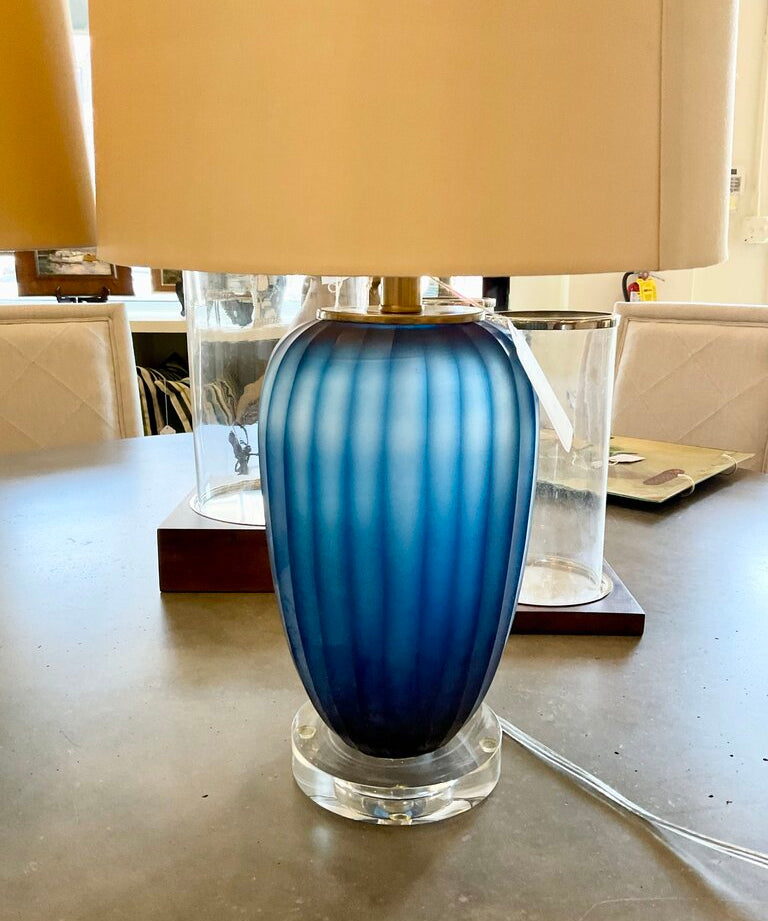 Pair Of Blue Glass Lamps 24"T to Finial x 6.5"Diam Fixture