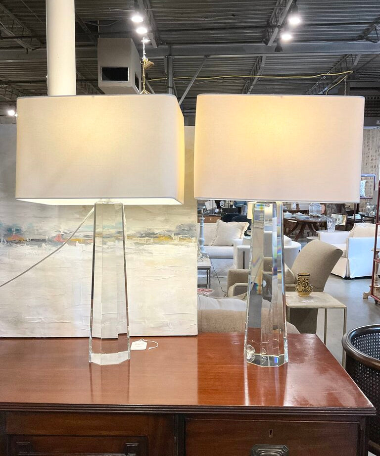 Pair Of Regina Andrews Cut Glass Tapered Hex Lamps/ Flaw on one / 32"to Finial