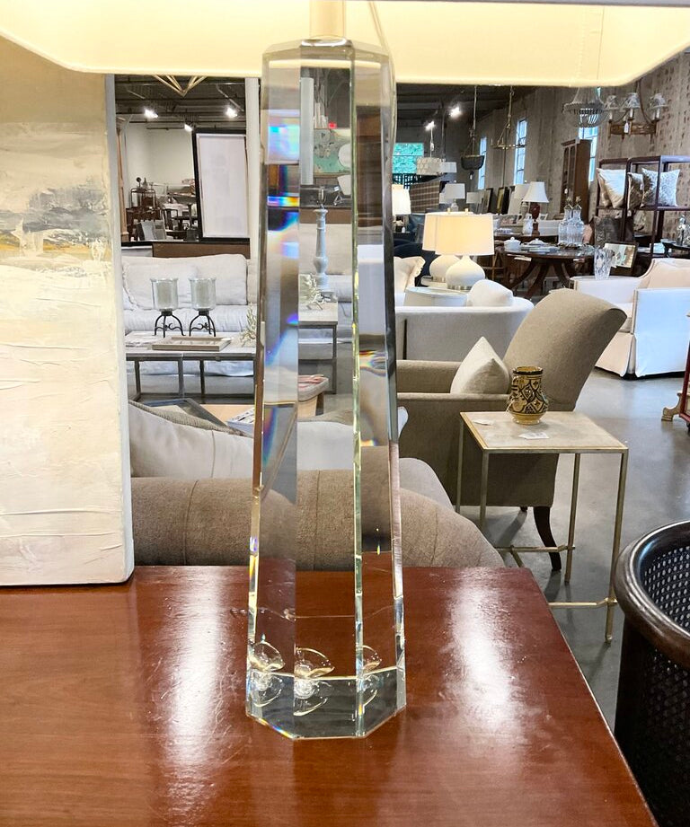 Pair Of Regina Andrews Cut Glass Tapered Hex Lamps/ Flaw on one / 32"to Finial