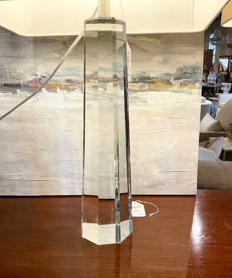 Pair Of Regina Andrews Cut Glass Tapered Hex Lamps/ Flaw on one / 32"to Finial