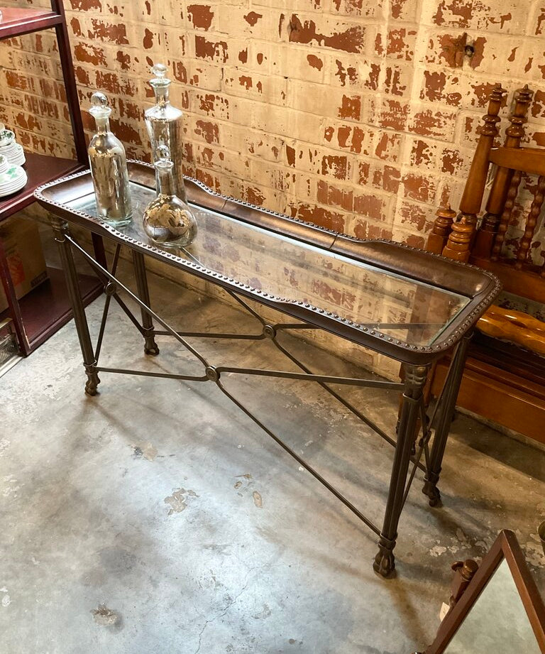 Iron Base Console Table w/ Bronze & Glass Top 53.5" W x 16.5"D x 31.5"T