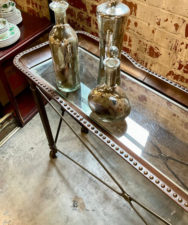 Iron Base Console Table w/ Bronze & Glass Top 53.5" W x 16.5"D x 31.5"T