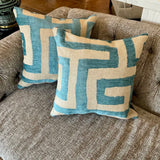 Pair Of Custom Pillows In Zinc Kuba Cay Lagoon Fabric 16" x 16"