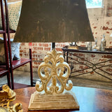 Wood Carved Table Lamp w/ Metal Shade 26"T x 12" W Base x 6.5"D Base