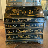 Maitland Smith Chinoiserie Secretary Desk In Black Laquer and Hermes Orange Interior 86"H x 40"W x 22"D