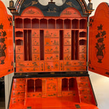 Maitland Smith Chinoiserie Secretary Desk In Black Laquer and Hermes Orange Interior 86"H x 40"W x 22"D