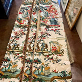 Pair Custom Panels in Brunschwig & Fils "Le Lac Linen Print" with Wooden Beads & Striped Liner 9'9"T x 21"W