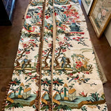 Pair Custom Panels in Brunschwig & Fils "Le Lac Linen Print" with Wooden Beads & Striped Liner 9'9"T x 21"W