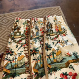 Pair Custom Panels in Brunschwig & Fils "Le Lac Linen Print" with Wooden Beads & Striped Liner 9'9"T x 21"W