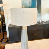 Grey Wood Tapered Base Lamp w/ Gold Leaf Fitting and Linen Shade 33"T x 17"Diam