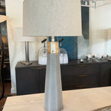 Grey Wood Tapered Base Lamp w/ Gold Leaf Fitting and Linen Shade 33"T x 17"Diam